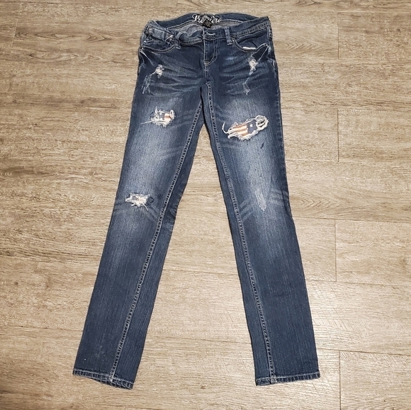 Premiere y2k Low Rise American Flag Distressed Denim Skinny Jeans 3/4 Americana - Picture 1 of 7